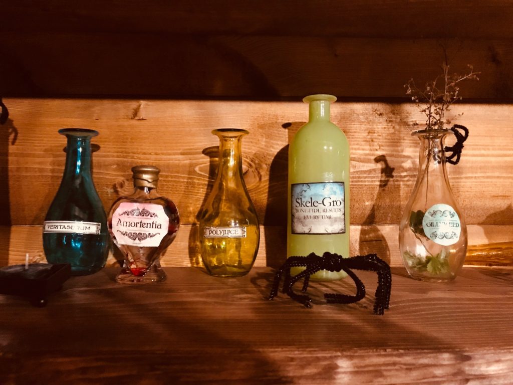 Harry Potter Potion Bottles. Recycled bottles found at thrift store with printable labels to mimic potion bottles in Harry Potter Movies.