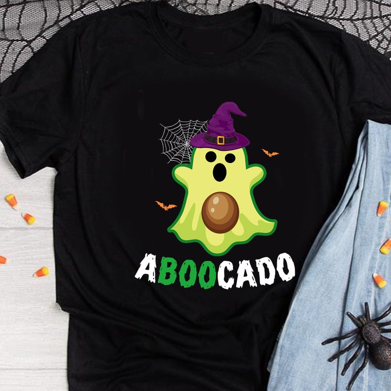 aboocado avocado boo ghost vegan halloween t-shirt wearing purple witch hat
