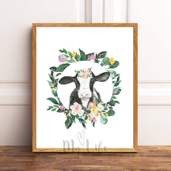Wall Art cow with watercolor flower border
