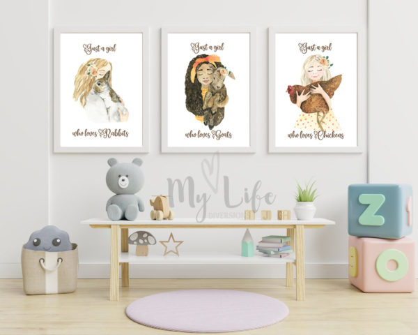Just a girl who loves chickens, just a girl who loves goats, just a girl who loves rabbits wall art for bedroom, nursery living room or dining room watercolor paintings