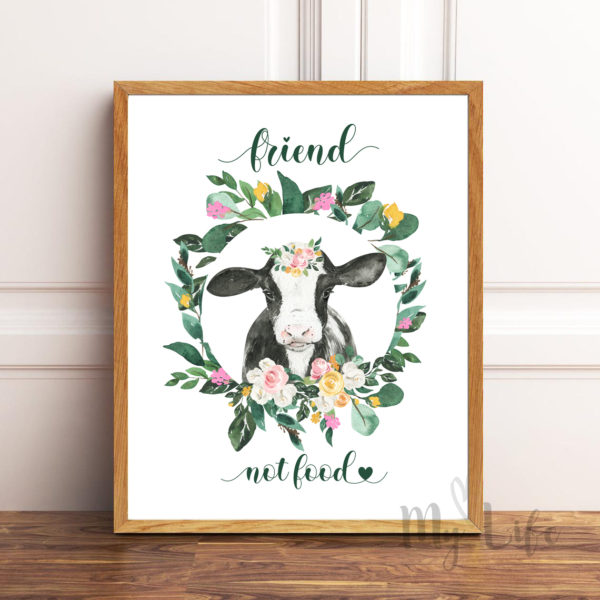 Wall Art cow with watercolor flower border - friends not food