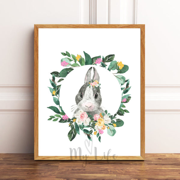 Wall Art bunny rabbit with watercolor flower border